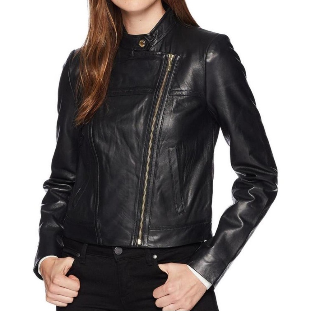 Michael Kors Leather Moto‎ Jacket Luggage Black Sz XS - Picture 2 of 13